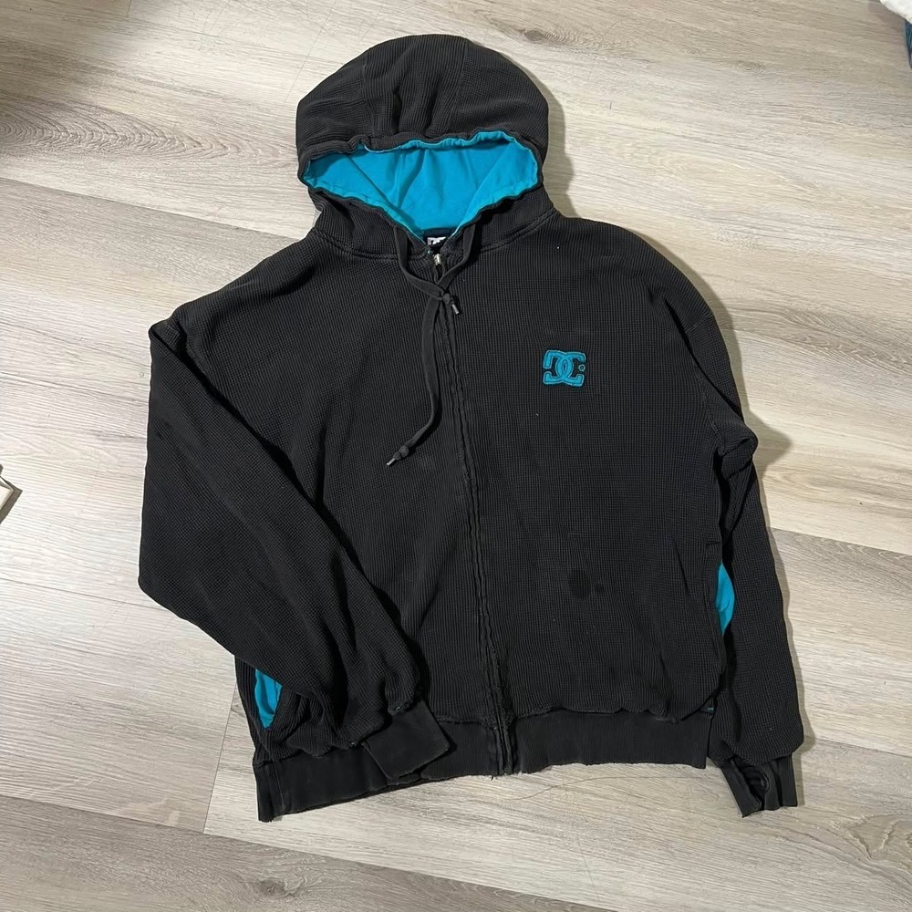 DC Shoes Zip Up Hoodie Mens Large Black Teal Good Waffle Knit Skater Y2K Logo